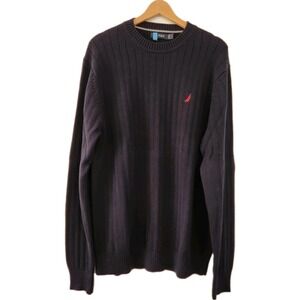 Nautica Sweater Mens Large Navy Blue Cable Knit Cotton Crewneck Pullover